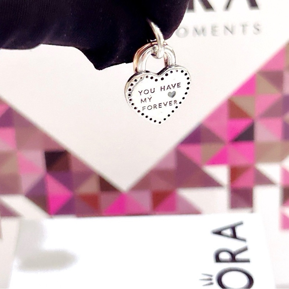 Pandora Silver Snake Chain Bracelet with Rose Gold & Silver Heart Padlock Charm - Picture 5 of 10